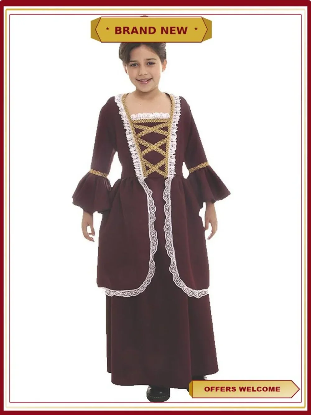 Colonial Girl Costume Long Dress Lace Trim Halloween Thanksgiving